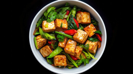 Colorful stir-fried tofu with vibrant vegetables in a white bowl.