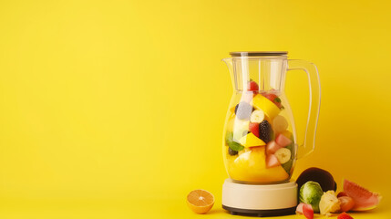 Fresh fruits in a blender against a vibrant yellow background.