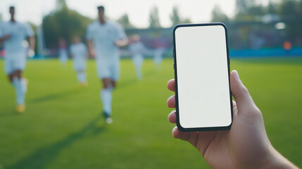 Hand holding smartphone on soccer field with players in background.