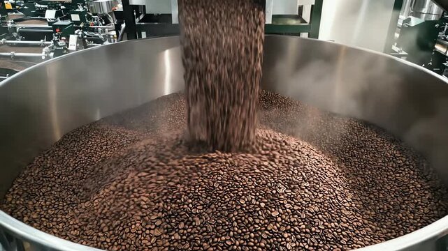 High angle perspective simulating a drone shot looking down into a massive industrial factory hopper while freshly processed roasted coffee beans pour steadily into the processing system scale