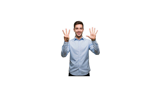 Cheerful man holding up nine fingers