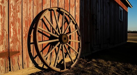 Obraz premium Rustic Wooden Wagon Wheel Leaning Against Old Barn Wall in Golden Sunlight.