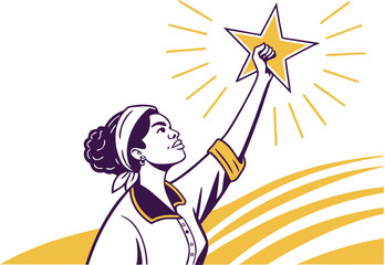 Empowered woman reaching for star illustration