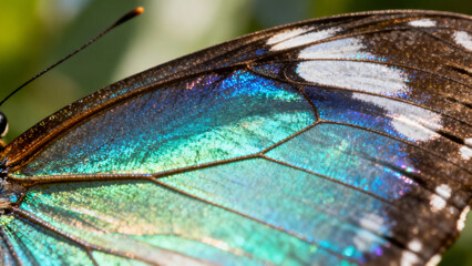 Extreme close-up of a butterfly wing showing iridescent sheen in sunlight. wildlife magazines, conservation campaigns, designed for eco-tourism storytelling, used by nutritionists.