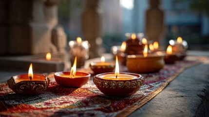 Several lit clay oil lamps illuminate a patterned fabric runner outdoors at dusk