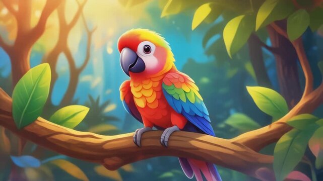 Adorable Cartoon Macaw Parrot on a Branch in a Vibrant Sunlit Jungle