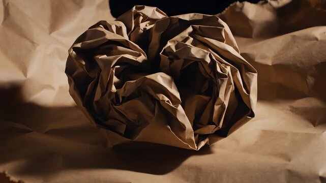 High angle slow motion shot of thick brown paper gradually being crinkled and crushed into a tight ball creating deep shadowed folds and creases mistake, waste, crushed