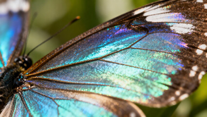 Extreme close-up of a butterfly wing showing iridescent sheen in sunlight. wildlife magazines, conservation campaigns, designed for eco-tourism storytelling, used by nutritionists.