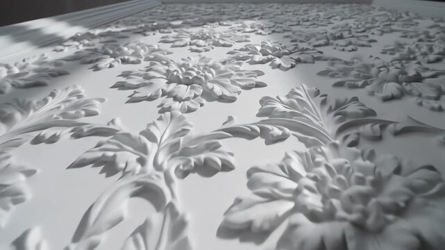High angle slow pan across a large architectural white bas relief panel featuring a repetitive uniform decorative floral pattern ideal for luxury interior design backgrounds wall, interior, panel