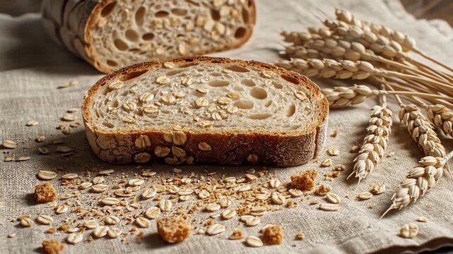 High angle slow motion shot showing a thick slice of moist homemade sourdough oat bread softly landing on a textured beige linen napkin next to dried wheat healthy, textured, motion