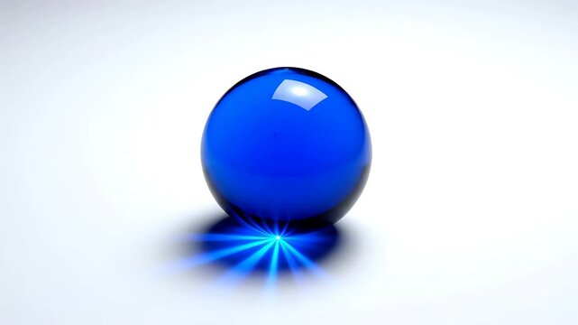 High angle static shot emphasizing the clean geometric lines of a sapphire glass sphere resting perfectly centered on a vast, pure white background, casting a sharp blue starburst refraction purity