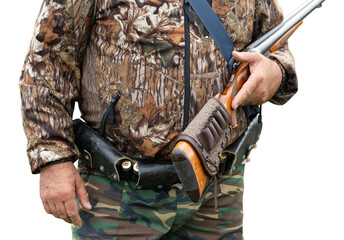 Close-up of a hunter's hand with a gun. Medium shot of a hunter with a weapon.