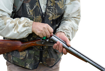 Close-up of a hunter's hand with a gun. Medium shot of a hunter with a weapon.