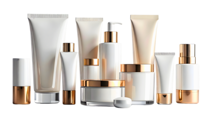 Cosmetic skincare containers and tubes in assorted shapes and metallic isolated on transparent background