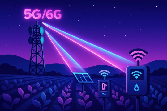 5G and 6G technology transmit signals from a tower in a rural area. Solar panels and devices are present under a night sky. - Powered by Adobe