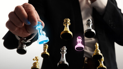 Businessman holding glowing blue chess king above board. Concept of strategic decision making, gambling risk, leadership choices, competitive business moves and high stakes thinking.