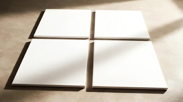 High angle static shot showcasing four perfectly arranged blank rectangular canvases laid out in a geometric pattern on a smooth light-colored floor under soft studio lighting top down perspective