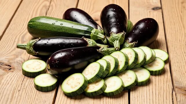 High angle static shot showcasing a symmetrical arrangement of sliced and whole green zucchini and deep purple eggplants resting on a natural light wooden table background zucchini, harvest, high