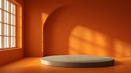 A serene orange room with a round platform and sunlight through a window.
