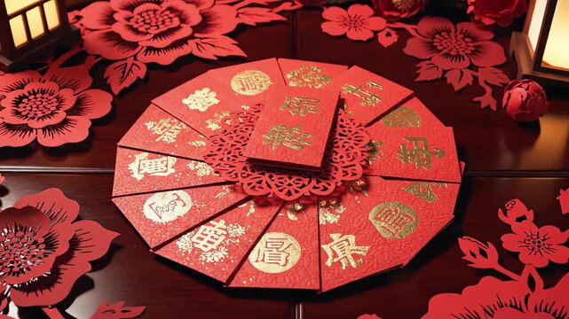 High angle steady shot showcasing a meticulously arranged collection of symbolic red envelopes surrounded by intricately designed paper-cut floral patterns surrounded by intricately designed