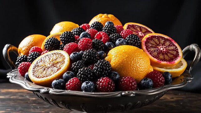 High angle studio shot capturing a classic, moody still life tableau featuring a large bowl overflowing with various types of dark, ripe berries and citrus fruit slow reveal, dark, smooth camera move