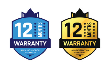 12 Month Warranty badge with unique gold shield and ribbon. For label, icon, seal, sign, stickers, tags, logo, symbol, stamp, template. Vector illustration