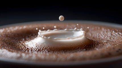 Milk Drop in Beverage: Captivating high-speed photography reveals the intricate dance of a milk drop impacting a rich, dark beverage, creating a stunning crown-shaped splash.