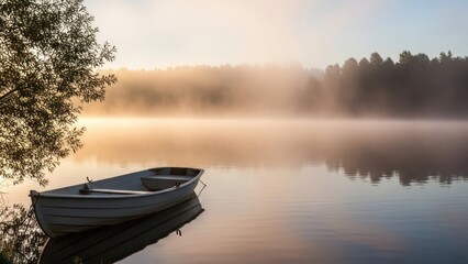Obraz premium Serene Misty Lake at Sunrise with Lone Boat.