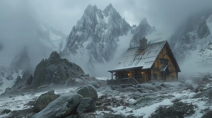 Serene Winter Retreat Scene with Isolated Lodge in Dramatic Alpine Scenery
