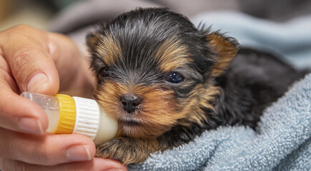 Newborn Yorkshire Terrier puppy being bottle-fed by hand, wrapped in a soft towel, highlighting care, tenderness and early pet nurturing moments.