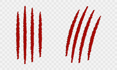 Red beast claw marks vector. Monster scratches and animal attack traces on checkered background. Tear marks for Halloween posters, horror game assets, danger warning signs