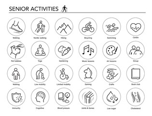 Senior activities set icons. Perfect for health and wellness and pharmacy graphics, this versatile icon set is ideal for health projects. EPS10.