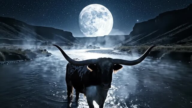 High angle sweeping drone shot gliding smoothly over a massive horned bull standing alone in the middle of a winding river illuminated by a celestial moon journey, landscape, ephemera