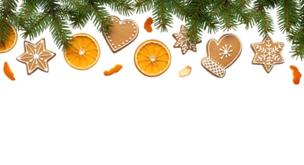Christmas Gingerbread Cookies and Oranges Decoration Border Isolated on transparent background