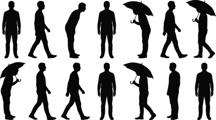 Obraz premium Man Silhouette Collection Showing Walking Standing and Holding Umbrella Poses Black Human Figure Set for Urban Lifestyle Weather and Motion Concepts