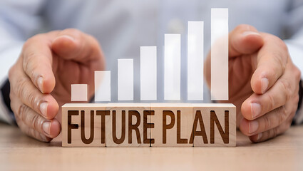 person holding wooden blocks with future plan and bar graph