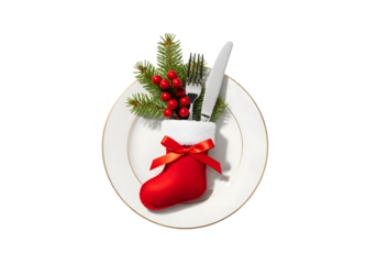 Christmasthemed table setting with red stocking decoration Isolated on transparent background