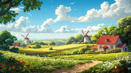 Scenic Country Environment with Traditional Home and Clean Energy Symbol