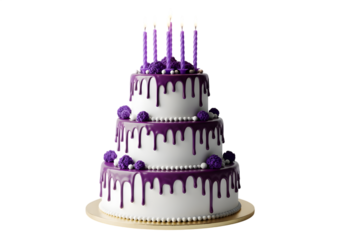 Delicious ThreeTiered Purple Drip Cake with Candles Isolated on transparent background