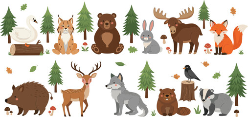 Fototapeta premium Cute forest animals vector illustration set with woodland wildlife trees mushrooms and cartoon nature characters