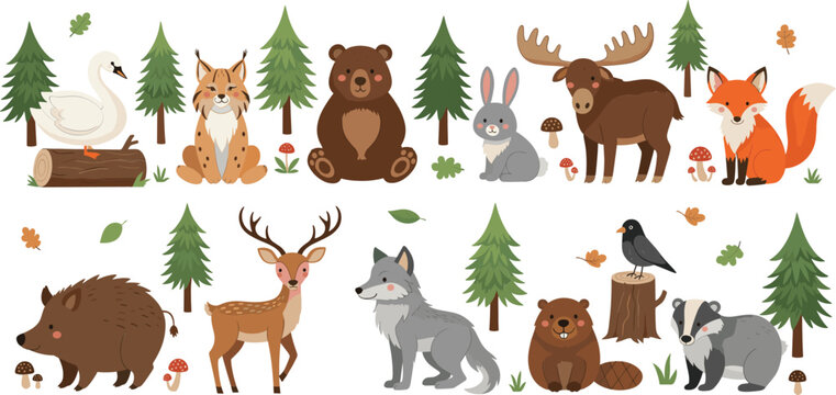 Cute forest animals vector illustration set with woodland wildlife trees mushrooms and cartoon nature characters