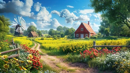 Peaceful Countryside Scene Featuring Traditional Architecture and Renewable Energy