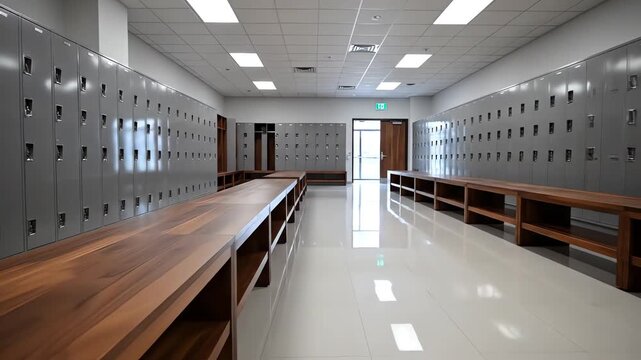 High angle sweeping wide shot panning slowly across the entirety of a meticulously clean and well-lit gymnasium locker area showing rows of lockers and wooden seating shot, aerial, organization