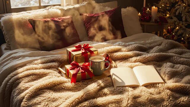 High angle time lapse showing dramatic golden light shifting across a styled winter bed featuring a blank book, hot drink, and wrapped holiday presents christmas, gifts, high angle
