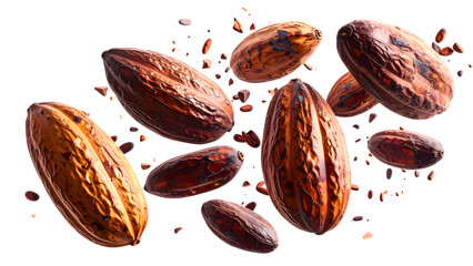 Dried Cocoa beans or seed falling in the air isolated on background, dried fruit ingredients for making chocolate.