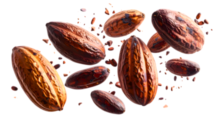 Dried Cocoa beans or seed falling in the air isolated on background, dried fruit ingredients for making chocolate.