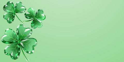 St Patricks day illustration, crystal style, light green background with shamrocks on the left side.