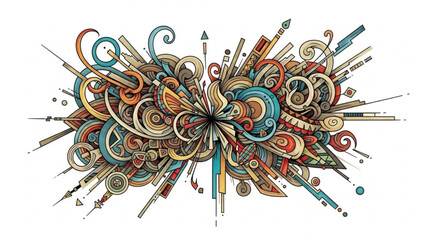 Vibrant abstract art with swirling colorful pencils and drawing tools on white background, creative design