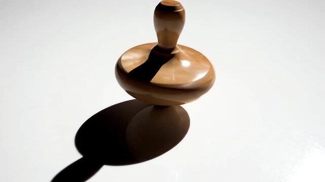 High angle top-down view of a small, polished wooden top spinning steadily on a vast white surface casting a sharp, rotating shadow that emphasizes geometric purity simple, studio, stability