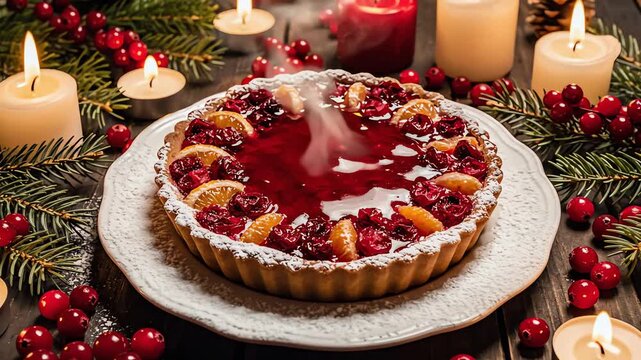 High angle top-down flat lay view of a perfectly plated festive Christmas dessert surrounded by pine sprigs and warm glowing table candles tabletop, candles, stillshot